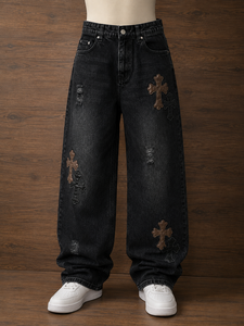 Jeans en denim noir coupe droite pour homme, style gothique streetwear, délavage vintage, OEM, marque privée, été - Product Image 4