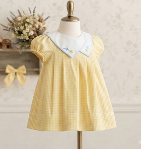 Vestido de Verano para Niña, con Cuello Bordado a Mano con Flores, Diseño a Cuadros Amarillos, Mangas Abullonadas de Algodón, Estilo Casual - Product Image 3