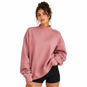 Sudadera Oversize de Cuello Alto para Mujer, Color Rosa Sólido, Hombros Caídos, Tejido de Algodón, para Otoño - Product Image 1