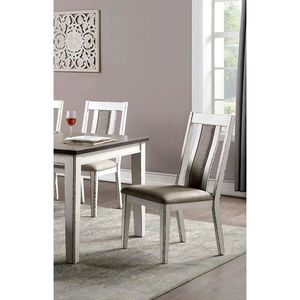 Set di 2 Sedie da Pranzo in Legno Massello, Classiche, Bianco Anticato/Grigio Caldo, con Seduta Laterale Unica Rivestita in Tessuto, Stile Rustico - Product Image 3