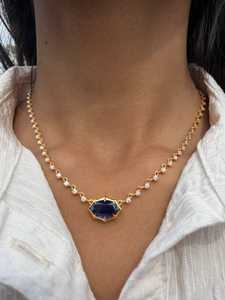 14K 18K Solid Gold Oval Blue Gemstone <b>Statement</b> <b>Necklace</b> Single Line Tennis Choker <b>Necklaces</b> Big Center Stone Custom Wholesale - Product Image 1