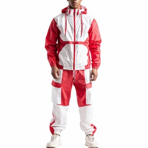Men's Red <b>White</b> Color Blocking Hooded Tracksuit Lightweight Waterproof Streetwear Full Zip <b>Jacket</b> Pants Set Spring Casual Wear - Product Image 6