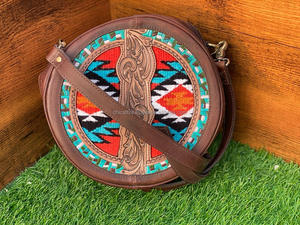 Couverture de selle usinée à la main en cuir véritable femmes cantine sac à bandoulière Western Turquoise laine et cuir de vachette sac à main rond - Product Image 3