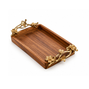 Plateau de service en bois avec poignées en métal doré faites à la main, plateau décoratif ovale en bois de manguier de qualité supérieure et plateau à nourriture - Product Image 6