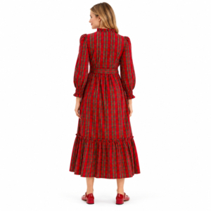 <b>Women</b>’s Red <b>Tartan</b> Plaid Midi <b>Dress</b> Long Puff Sleeve Ruffle Neck Belted Tiered A Line <b>Dress</b> Wholesale - Product Image 5
