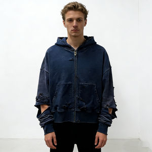 Sudadera con capucha extragrande para hombre OEM, azul marino, con cremallera, efecto desgastado, dobladillo sin rematar, bolsillos, forro polar, estilo casual urbano - Product Image 5