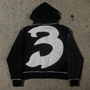 Sweat à capuche zippé pour homme en molleton bouclette, coupe régulière, grammage lourd, style streetwear, avec broderie personnalisée, strass et cristaux de luxe, 100% - Product Image 2