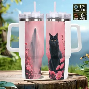 Gobelet isotherme personnalisé en acier inoxydable de 40 oz avec motif chat et fleurs pour les amoureux des animaux – Tasse de voyage - Product Image 2