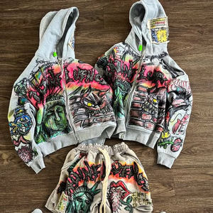 Sudadera con capucha personalizada con parche bordado desgastado, sudadera con capucha vintage con cremallera y lavado ácido, conjunto de pantalones cortos de algodón para verano y conjunto de pantalones cortos deportivos. - Product Image 1