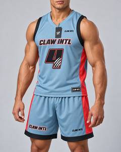 ชุดเสื้อบาสเก็ตบอลชาย Claw Intl สีฟ้าอ่อนแดง ผ้าฝ้ายตาข่าย ระบายอากาศได้ดี พิมพ์ลายซิลค์สกรีน ไร้รอยต่อ ชุดยูนิฟอร์มสำหรับผู้ใหญ่ - Product Image 5