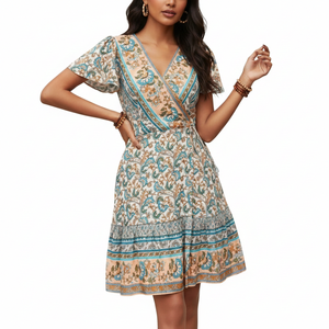 Robes Midi Bohèmes Florales Luxe Unity pour Femmes – Vente en Gros, Robes Longues Décontractées d'Été à Manches Courtes, Robe Respirante - Product Image 1