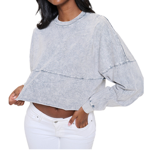 women short sweatshirt relaxed shoulder casual <b>top</b> <b>ladies</b> cropped sweatshirt <b>elastic</b> bottom <b>hem</b> design women cropped sweatshirt - Product Image 3