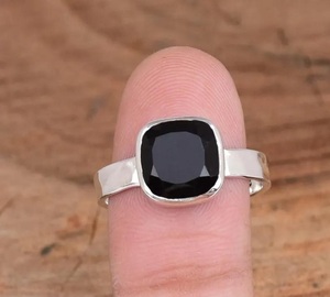 925 Sterling Silver Black Onyx <b>Cushion</b> Ring Handmade Hammered Bohemian <b>Statement</b> Jewelry for Women - Product Image 5