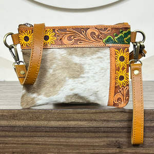 Sac à main en cuir de vachette fait main avec motif de tournesol personnalisé, avec bracelet, bandoulière réglable, mini sac bandoulière pour femmes - Product Image 4