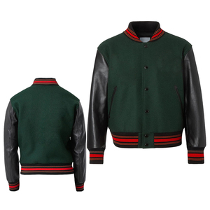 Vintage Style Wool Varsity <b>Jacket</b> with Leather Sleeves Stand Collar Solid Unisex Letterman Bomber Urban Streetwear Trend Coat - Product Image 1