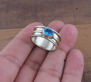 Bague en topaze bleue véritable, argent sterling 925, pierre précieuse bleu ciel naturel, bague éternité, bijoux fins, vente en gros pour femmes - Product Image 1