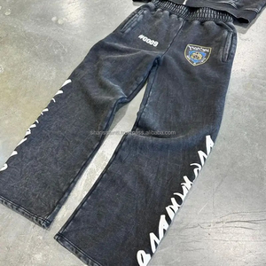 Black Acid Washed Full Zip up Vintage Distressed Stone Wash Streetwear Sweatsuit Pantalones de chándal acampanados y Sudadera con capucha Set Hombres Chándales - Product Image 6