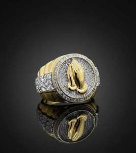 Mens Iced Out Praying Hands <b>Ring</b> 925 <b>Silver</b> 14K Gold Finish VVS Moissanite Hip Hop Pinky <b>Ring</b> Religious <b>Statement</b> Jewelry - Product Image 2