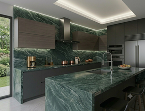 Plan de travail de cuisine moderne en quartz vert écologique, grande dalle épaisse 15-30 mm, avec design 3D, surface en pierre imperméable - Product Image 1