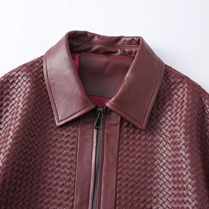 Men's <b>Burgundy</b> PU Bomber <b>Jacket</b> Turn-down Collar Zipper Closure Embossed Pattern Moto Style Autumn Wear - Product Image 2