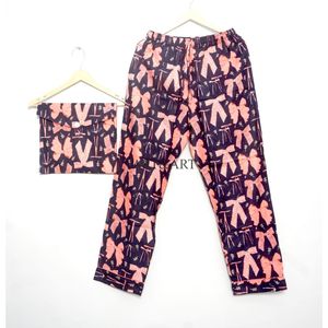 Ensemble de pyjama pour femme, élégant et magnifique, imprimé nœud papillon mignon, 100 % coton, taille élastique, manches longues, longueur complète, motif floral. - Product Image 3