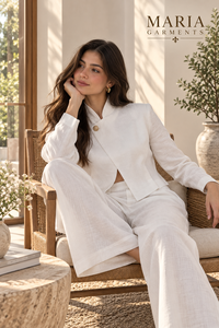 Ensemble pantalon de vacances de qualité supérieure en tissu tissé à col mandarin - Blazer blanc élégant à boutons avec pantalon large décontracté moderne - Vente en gros - Product Image 6