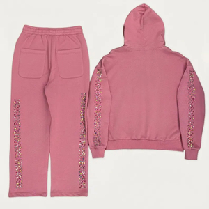 Ensemble de survêtement rose à capuche pour femme, orné de strass, manches longues, fermeture éclair, coupe décontractée, couleur unie, idéal pour l'automne - Product Image 4