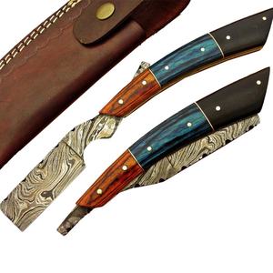 Rasoir droit traditionnel en acier damassé pour barbiers de qualité bricolage avec manche en bois pochette en cuir OEM personnalisable - Product Image 2