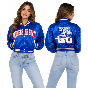 Chaqueta Varsity Corta de Satén Personalizada para Mujer, Chaqueta Bomber Universitaria Bordada con Letras, Fabricante Mayorista - Product Image 3