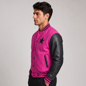 Men's Purple Varsity <b>Jacket</b> Black Leather Sleeves Embroidered <b>Star</b> Patch Casual Autumn Wear Regular Fit - Product Image 6
