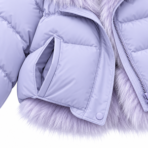 Unisex <b>Hooded</b> <b>Fur</b> Collar Breathable Puffer <b>Jacket</b> Winter Short Front Logo Lavender Solid Color Loose Padded Quilted <b>Jacket</b> - Product Image 5