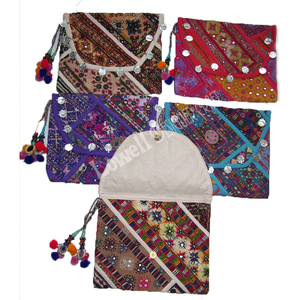 Sac à bandoulière en coton Banjara de bohème de grande capacité pour femmes sac à bandoulière coloré brodé avec miroir pompons de travail - Product Image 4