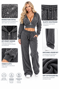 Women Lined Solid <b>Rhinestone</b> Wide Leg Hooded Tracksuit Set <b>Cropped</b> Zip up Hoodie and Matching Sweatpants Casual Winter Outfit - Product Image 5