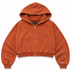 VOCKSIN Women's Winter Oversized Cropped Zipper Hoodie Acid Wash Heavyweight Cotton Lined Front Logo Streetwear Fashion <b>Jacket</b> - Product Image 3