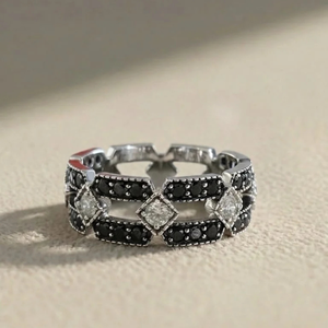 Bague de cocktail géométrique double rangée en diamant noir naturel de luxe pour mariage, anniversaire, fiançailles, en argent sterling 925 - Product Image 2