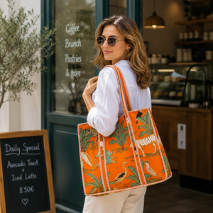 Orange Color Eco Friendly Jaipur Hand Block Print Tote <b>Bag</b> Quilted Cotton Handbag Zipper Closure Daily Use Shopping Gifting - Product Image 5