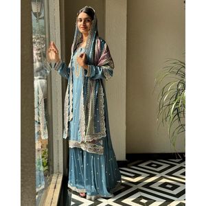 Haut de fête en mousseline de soie bleue Karma Fashion Designer avec pantalon palazzo et dupatta orné de sequins, taille M - Product Image 1