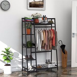 Bamboo Freestanding Closet Organizer Garment Rack <b>Shelves</b> for Hanging Clothes for Living Room & <b>Bedroom</b> Use - Product Image 5