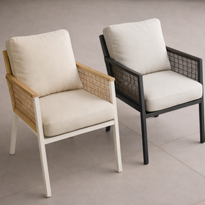 Sillón Moderno de Ratán BeNK con Cojín de Poliéster, Silla de Comedor para Exteriores, Diseño Contemporáneo, Patas de Metal, Muebles Tapizados - Product Image 1