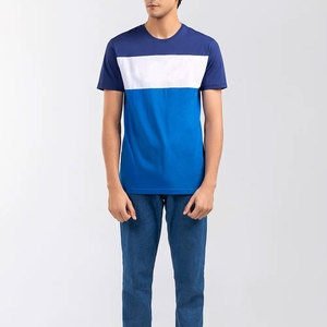 <b>Men</b> Color Blocked T-Shirt Short Sleeve O-Neck Regular Fit Casual <b>Blue</b> White Knitted Cotton Tee - Product Image 1
