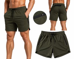 Pantalones Cortos Deportivos de Secado Rápido Color Verde Oliva para Hombre, con Bolsillos con Cierre, Cintura Elástica, Largo Medio, Ropa Deportiva Informal para Entrenamiento - Product Image 1
