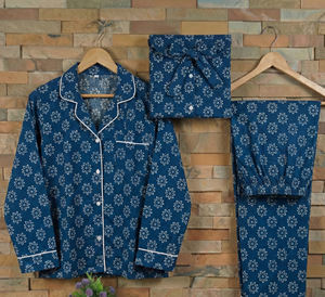Conjunto de Pijama Térmico de Algodón Índigo Natural para Mujer, Estampado a Mano, Estilo Tradicional, para Primavera/Verano, Hecho en India - Product Image 5