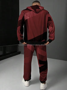Geometric <b>Burgundy</b> Black Colorblock Tracksuit Set <b>Hoodie</b> with Jogger Pants Custom Logo Two Piece Streetwear Outfit Wholesale - Product Image 2