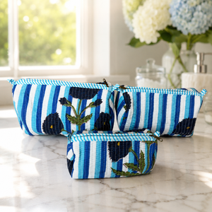 Ensemble de trousses de maquillage à rayures bleues faites à la main, 3 pièces, trousses de toilette en coton matelassé pour femmes, organiseur de beauté de voyage, ensemble cadeau - Product Image 4