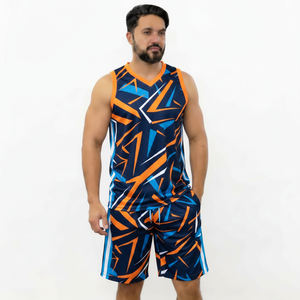 Men's Geometric Print Tank Top And <b>Shorts</b> Set V-Neck Quick Dry Knitted <b>Polyester</b> Sporty Summer Outfit - Product Image 1