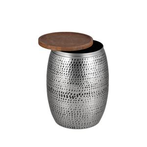 Table d'appoint en métal martelé artisanal, finition argentée, tabouret tambour avec couvercle en bois amovible, meuble d'appoint moderne - Product Image 1
