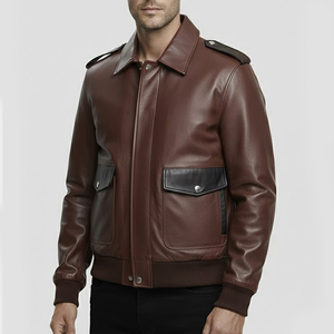 <b>Brown</b> with Turn-down Collar Mens Premium Soft <b>Leather</b> Winter <b>Jacket</b> Men 100% Polyester Vintage Bomber <b>Jacket</b> - Product Image 3