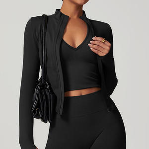 Women's <b>Cropped</b> Stand Collar Yoga Jacket Slim Fit Workout <b>Zip</b> <b>Up</b> with Windproof Panels Breathable Running Cover for Outdoor - Product Image 2