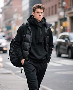 Ensemble survêtement homme noir à capuche et pantalon, couleur unie, décontracté, manches longues, 100% coton respirant, coupe classique - Product Image 4
