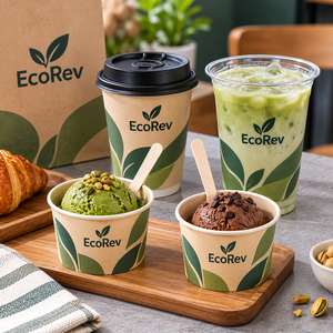 ถ้วยไอศกรีมกระดาษแบบผนังเดียว EcoRev ลายใบไม้ พิมพ์ดิจิทัล ย่อยสลายได้ เกรดสำหรับอาหาร บรรจุภัณฑ์จากวัสดุรีไซเคิล ผลิตตามสั่ง - Product Image 5